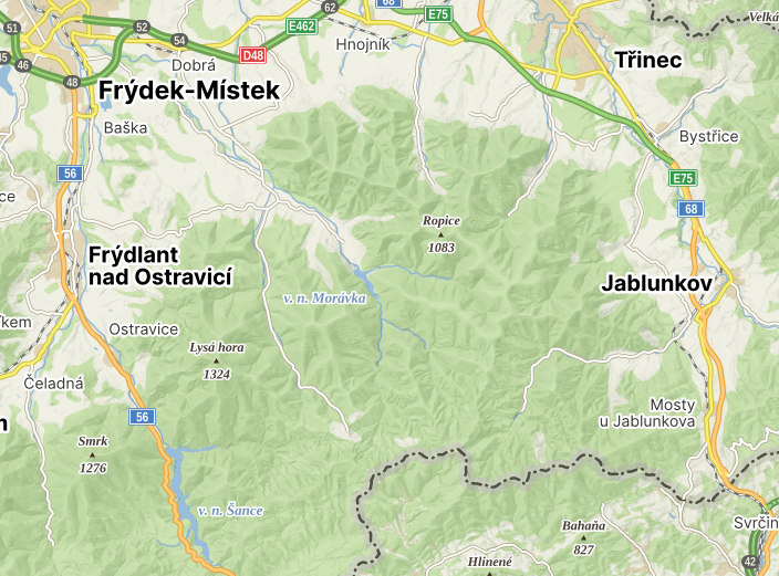 Mapa Beskyd s trasou